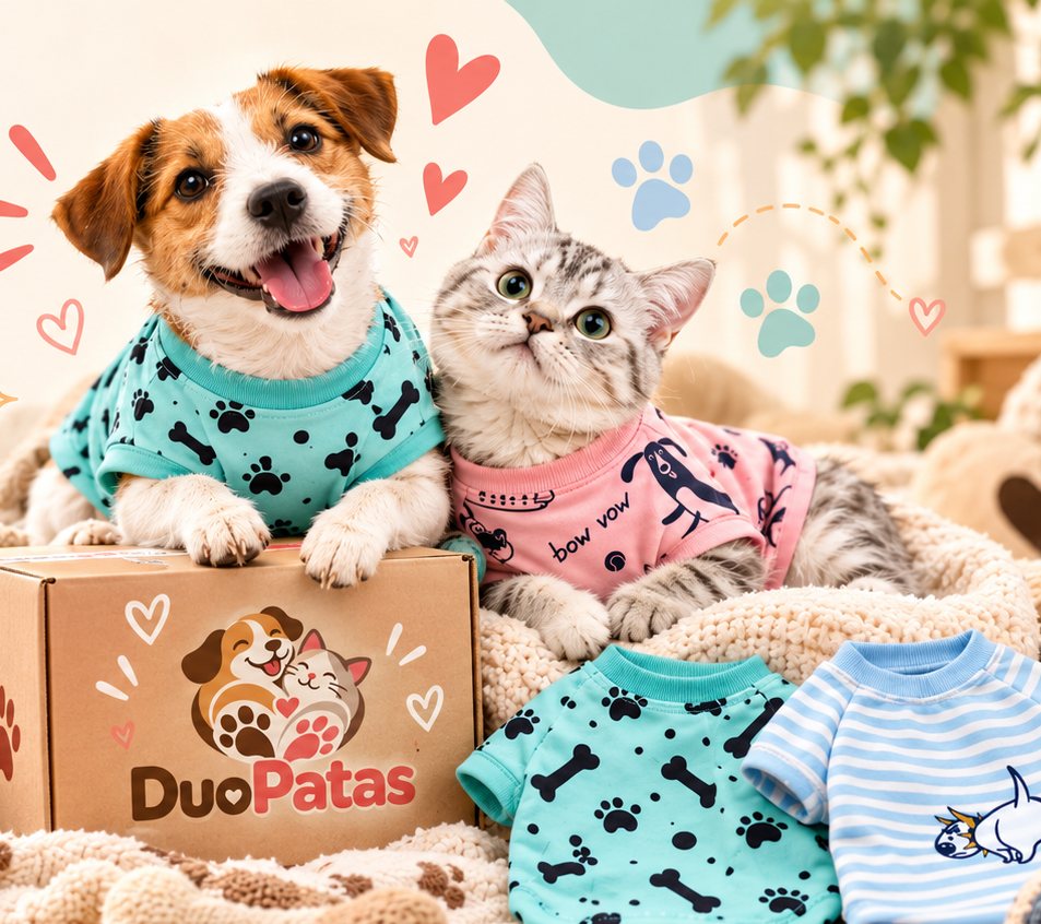 Cachorro e gato com camisetas DuoPatas, junto de uma caixa DuoPatas