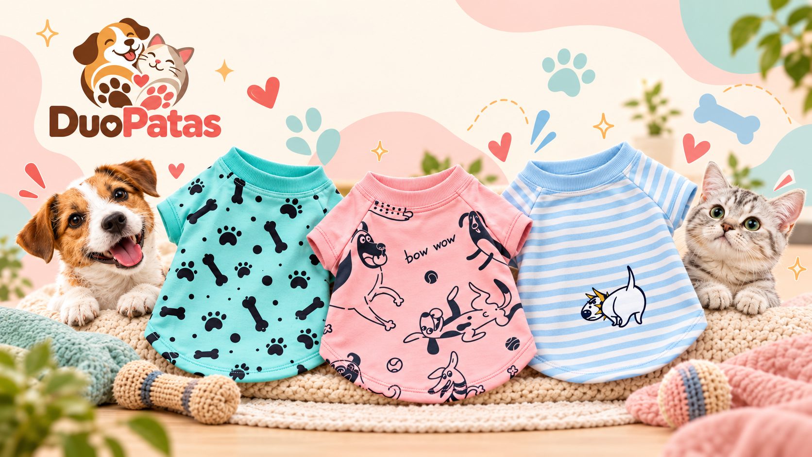 As três camisetas DuoPatas — verde água, rosa e listrada azul e branca — entre um cachorro e um gato