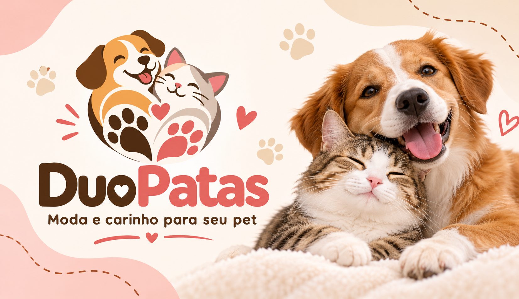 DuoPatas — moda e carinho para seu pet: um cachorro e um gato abraçados